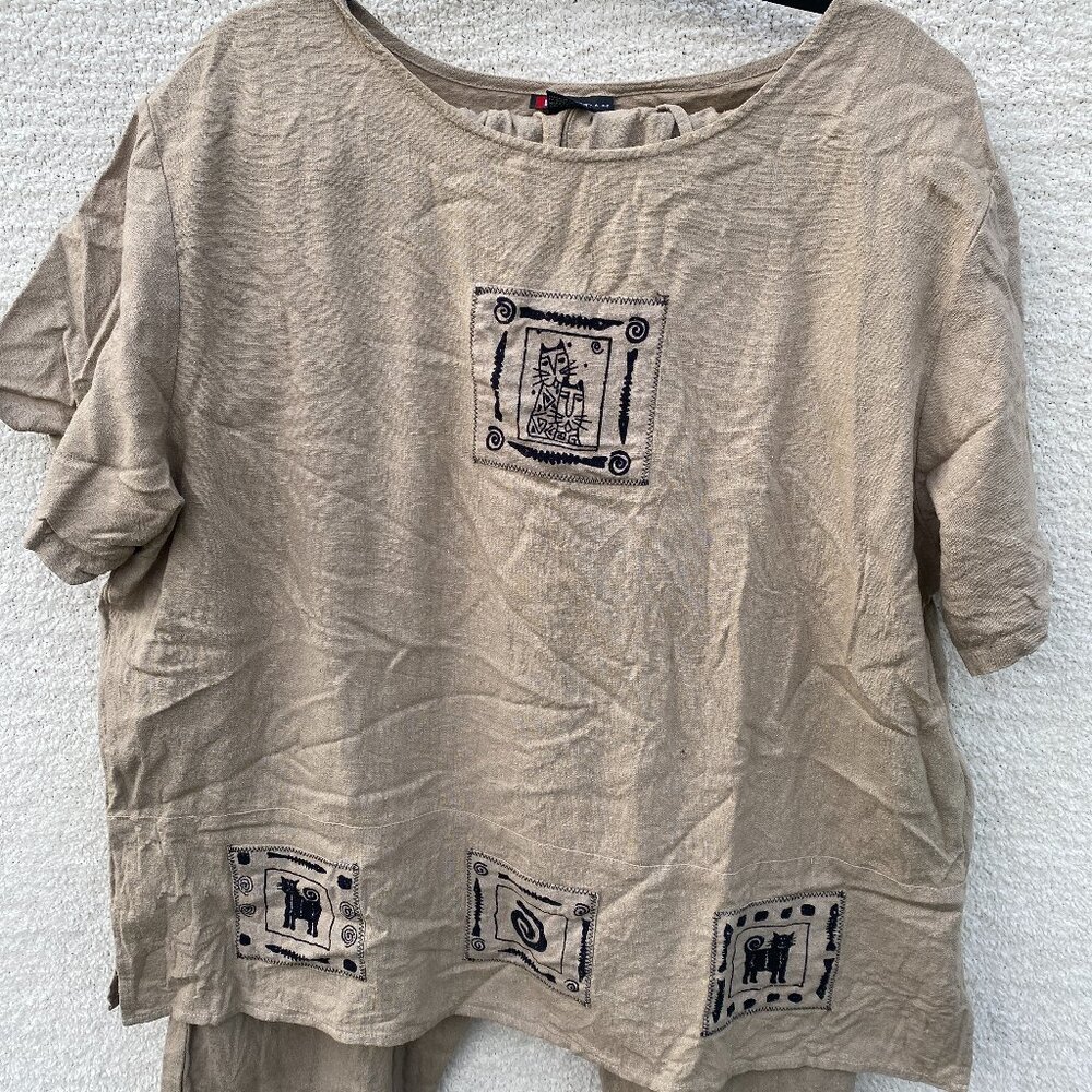 Cottagecore Silk Tan Lounge Set with Cat Details
